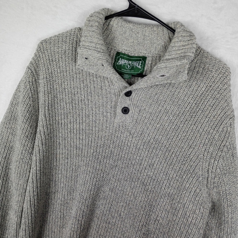 American‎ Eagle Mens Mock Neck Button Sweater Grey Marled Ribbed Knit Medium